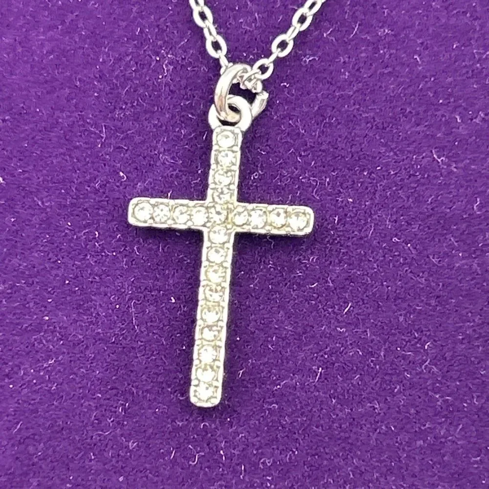 Vintage Silver Tone White Rhinestone Cross Pendant 18